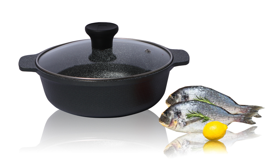 Thố đúc chống dính đáy từ bằng nhôm và inox với nắp kính cong và quai đúc liền thân